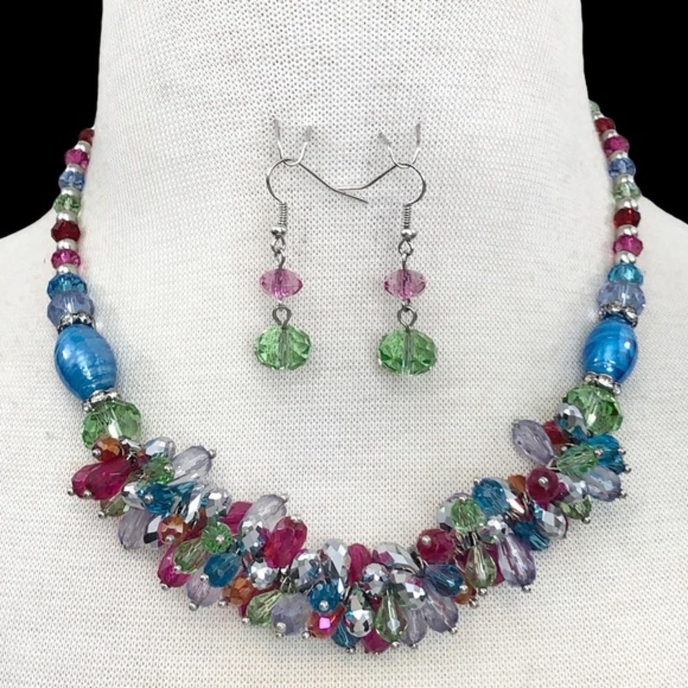 Multicolor Colorful Glass Cluster Bead Necklace Earrings Set